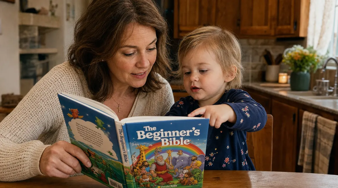 Parent and toddler looking at a colorful illustrated page of The Beginner's Bible together at a kitchen table