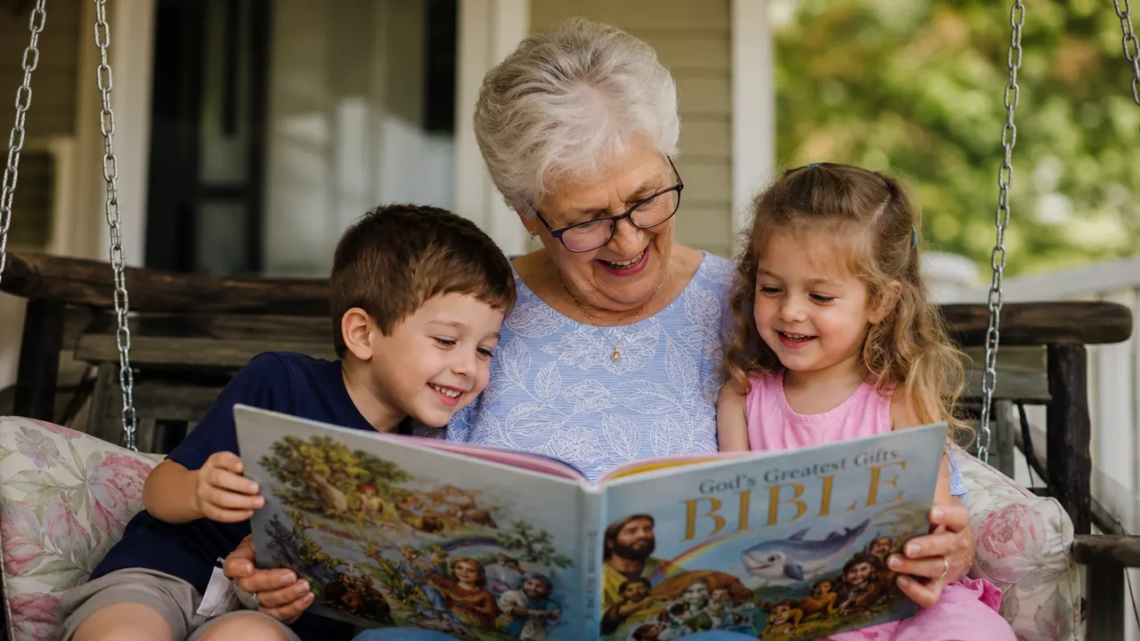 Grandmother reading The Beginner's Bible to two grandchildren on a porch swing