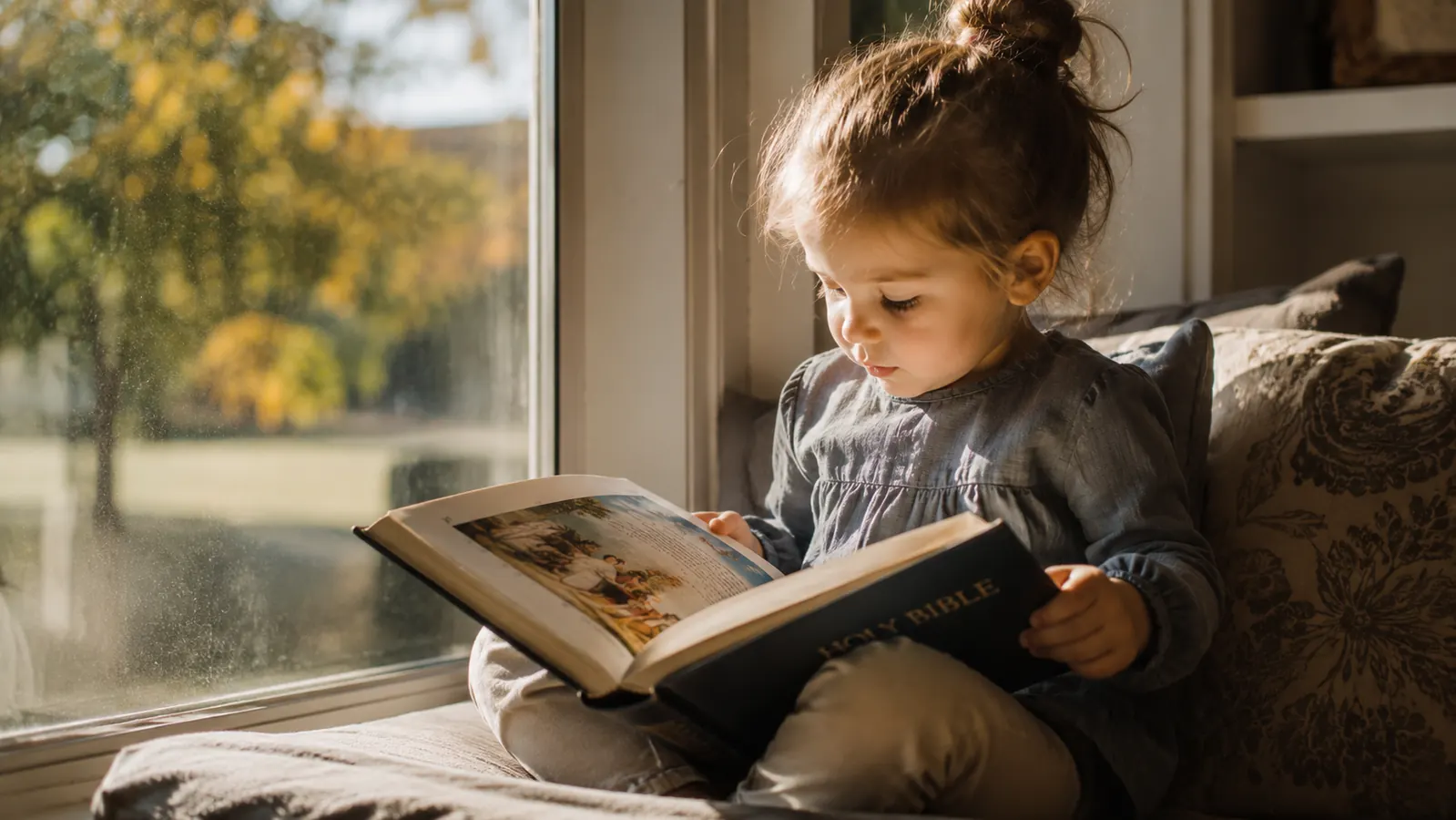 Young child sitting on a window seat reading a large illustrated children's Bible, warm afternoon light coming through sheer curtains