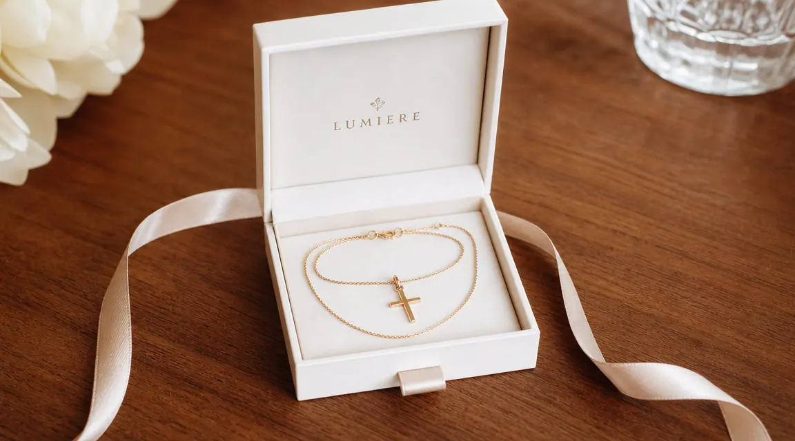 Small gold cross necklace in a white gift box with a simple bow, on a wooden table