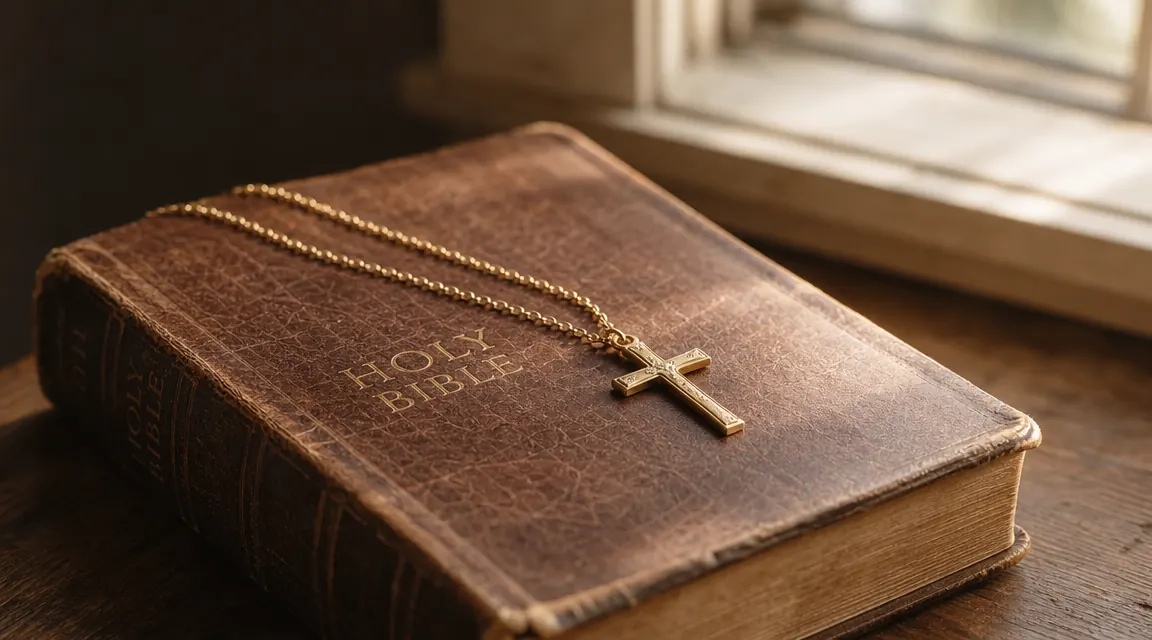 A gold cross necklace resting on an open Bible, soft natural light, cream linen background
