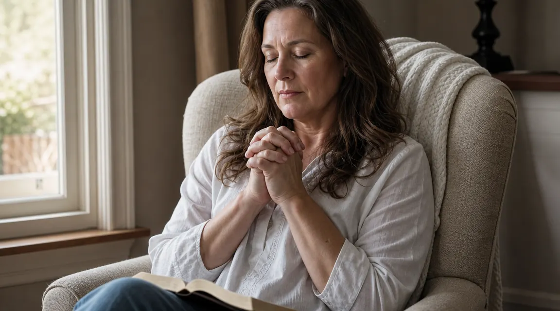 Woman seated quietly in a sunlit armchair, hands folded, eyes closed in morning prayer