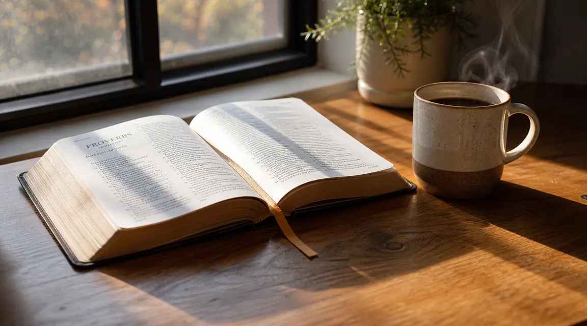 Open devotional book on a worn wooden table beside a steaming mug of coffee in soft morning window light