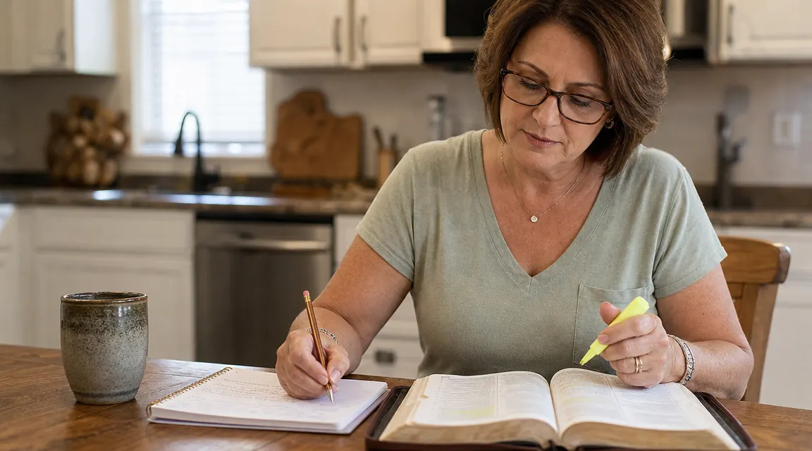 Woman reading the ESV Study Bible at a kitchen table, highlighter in hand, taking notes in a spiral notebook beside her