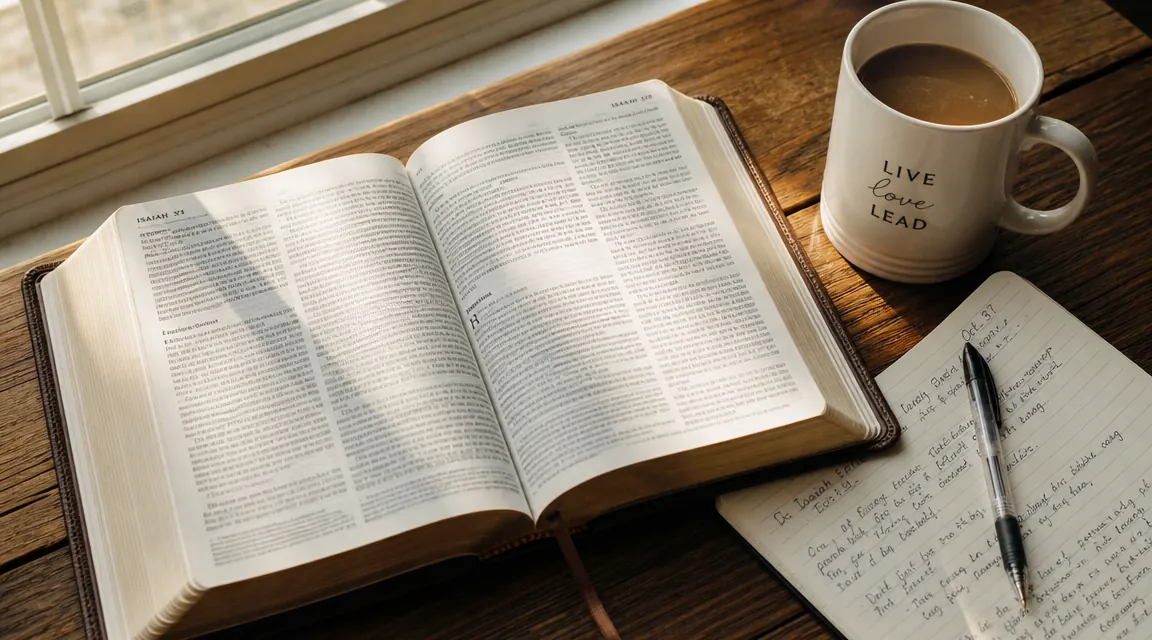 Open ESV Study Bible on a wooden desk beside a cup of coffee and a journal, morning light coming through a nearby window