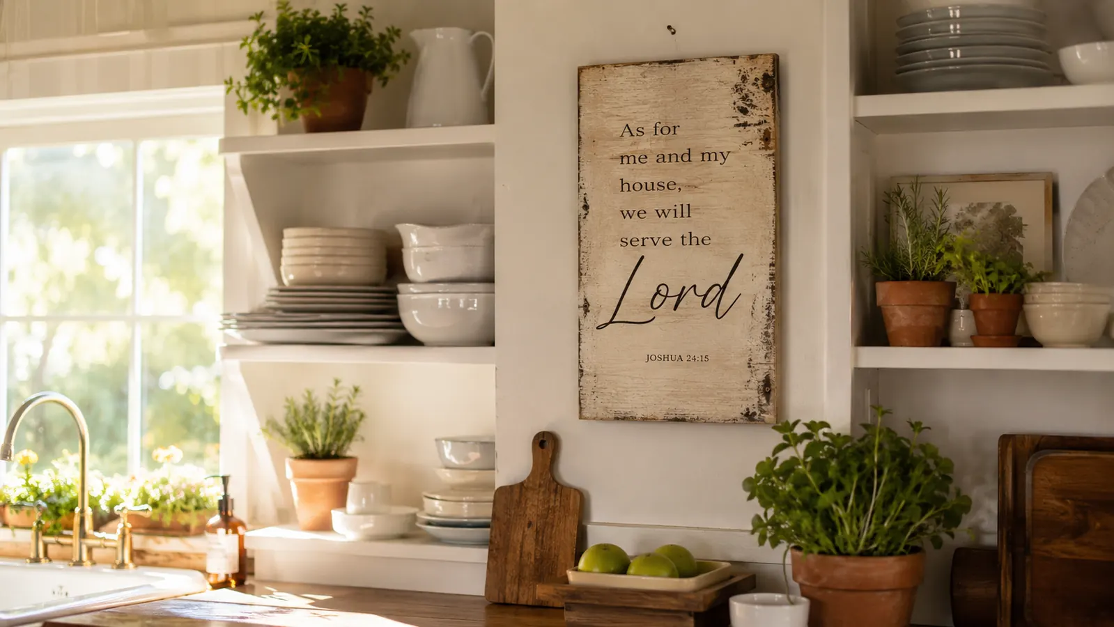 Cozy kitchen wall with a scripture sign above open shelving holding white dishes and small potted herbs, afternoon light