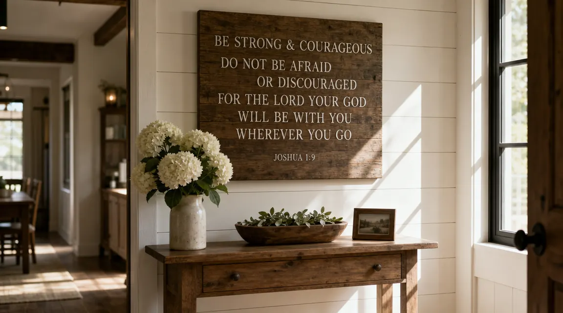 Bright farmhouse entryway with a wooden scripture wall sign reading As for Me and My House We Will Serve the Lord hanging above a small console table with flowers