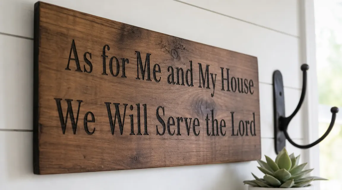 A scripture sign mounted near a front door next to a coat hook and a small potted plant