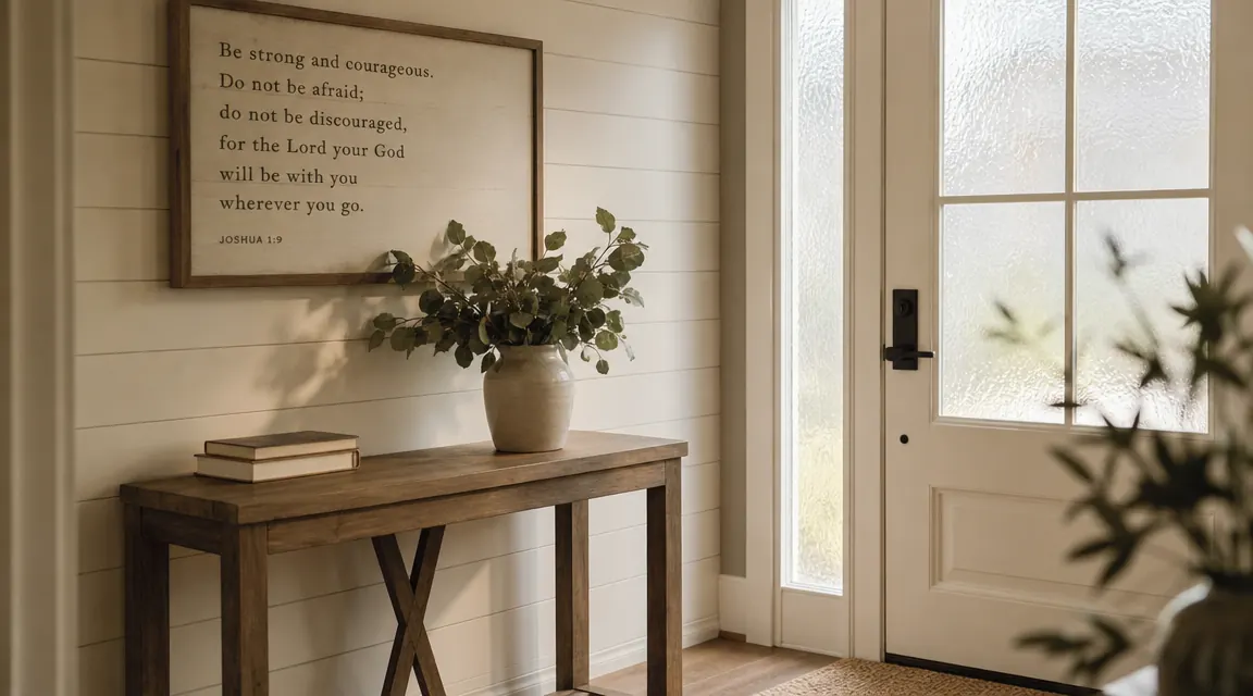 A warm entryway with natural light and a wooden scripture sign reading 'As for Me and My House We Will Serve the Lord' mounted above a small console table