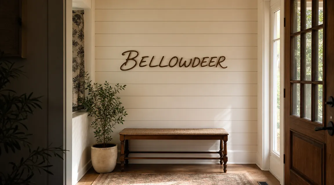BELLOWDEER As for Me and My House sign hanging in a bright entryway with natural light