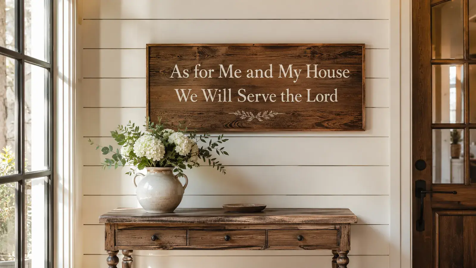 BELLOWDEER As for Me and My House wooden wall sign hanging in a sun-lit entryway above a small wooden console table with a vase of white flowers
