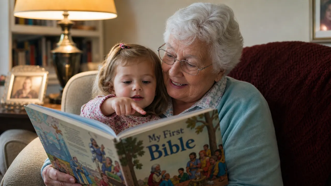 Grandmother reading a colorful illustrated children's Bible to a toddler in her lap in a cozy armchair