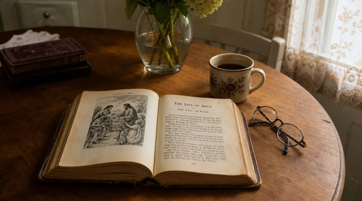 Worn children's Bible with a handwritten name inside the front cover, sitting on a wooden table beside a grandmother's reading glasses