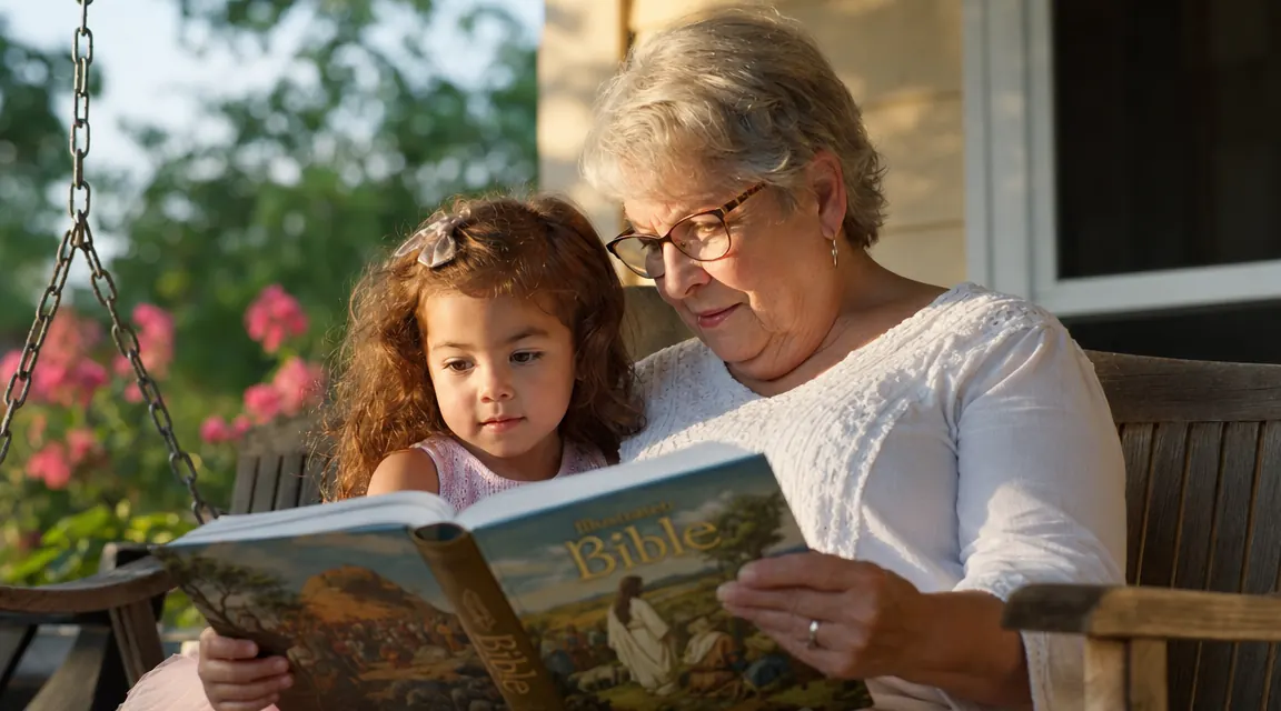 Grandmother and grandchild reading a children's Bible together on a porch swing