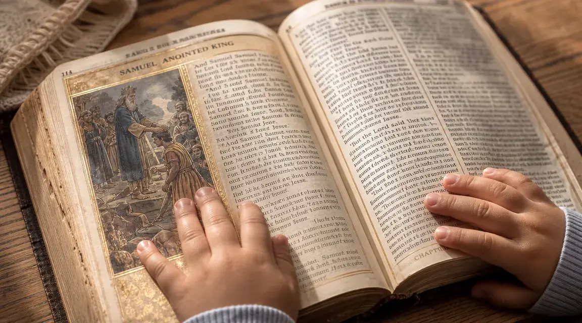 The Beginner's Bible open on a wooden table next to a small child's hands