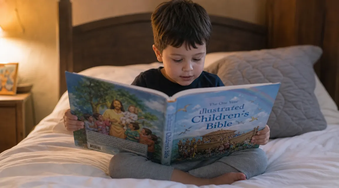 A child sitting cross-legged on a bed holding an illustrated Bible open to a page with colorful artwork
