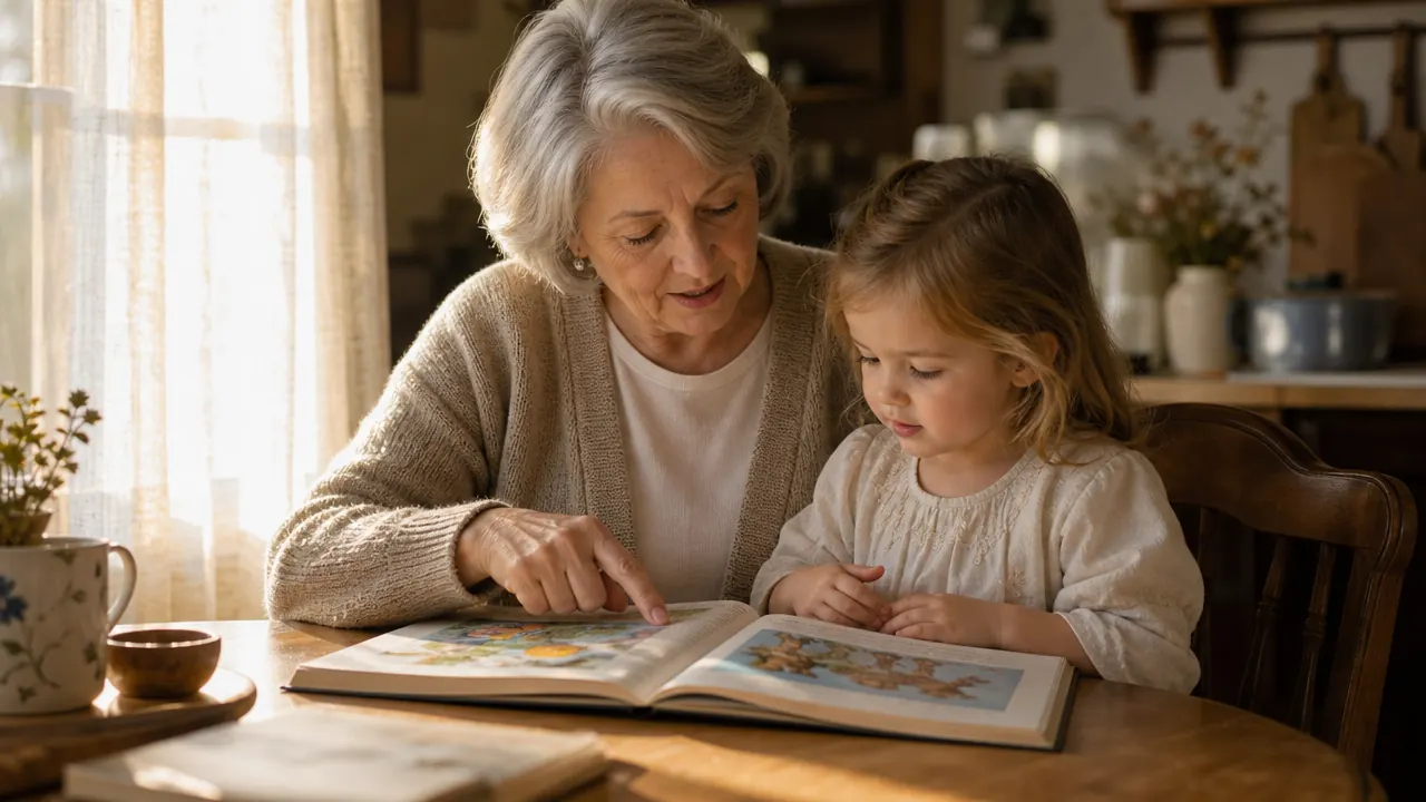 A grandmother and young child reading a large illustrated Bible together at a wooden kitchen table by morning light