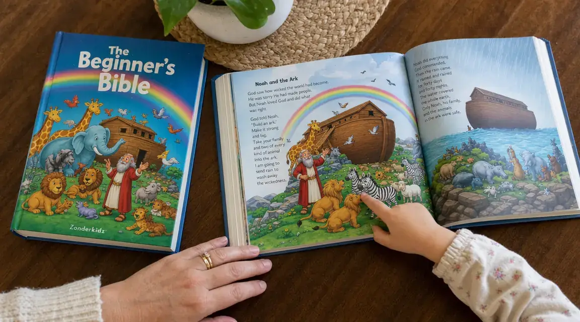 Close-up of The Beginner's Bible open to a colorful, rounded-illustration page, a child's small hand pointing at a picture