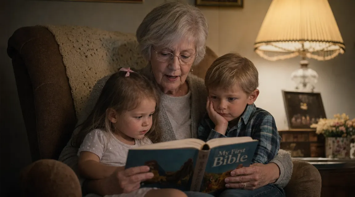 A grandmother reading aloud from a children's Bible to two young grandchildren sitting on her lap, evening lamp light