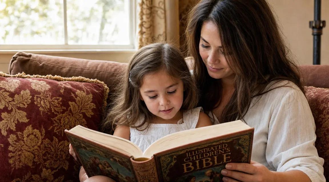 A mother and her young daughter reading a colorful illustrated children's Bible together on a couch, warm afternoon light, cozy living room