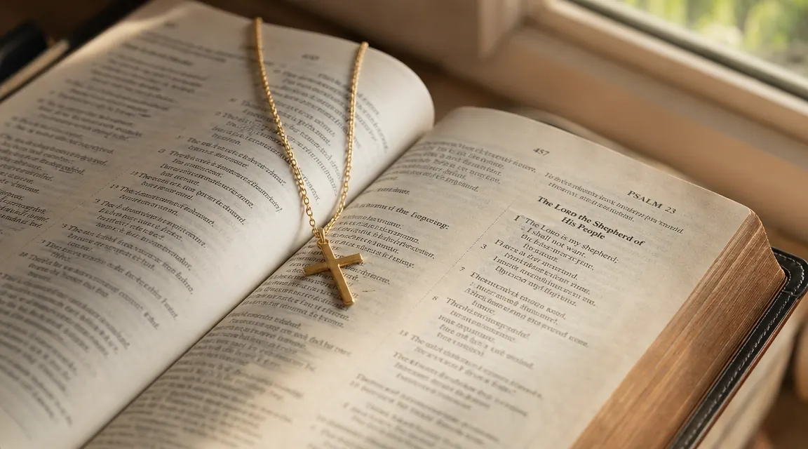 Sunlight falling across a small gold cross necklace resting on an open Bible, soft parchment tones