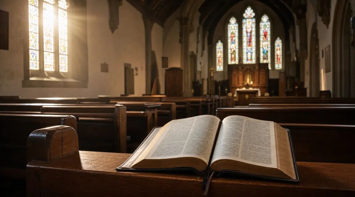 Open ESV Study Bible resting on a wooden pew in a sunlit sanctuary, morning light falling across the pages