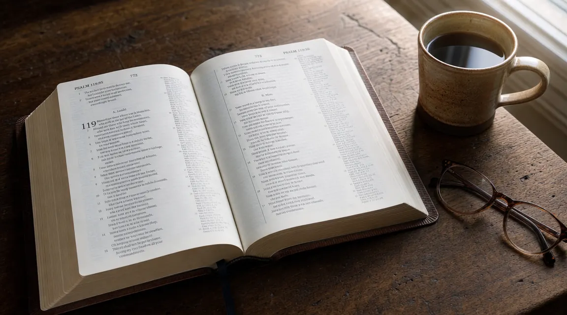 ESV Study Bible open on a wooden desk beside a steaming mug and reading glasses