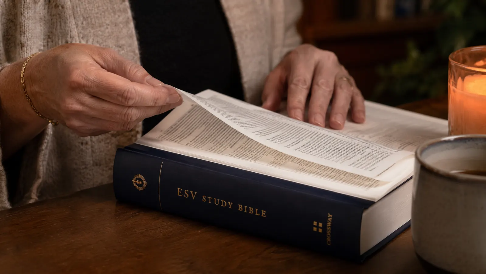 Hands turning a page of the ESV Study Bible showing dense footnotes and cross-references at the bottom of the page