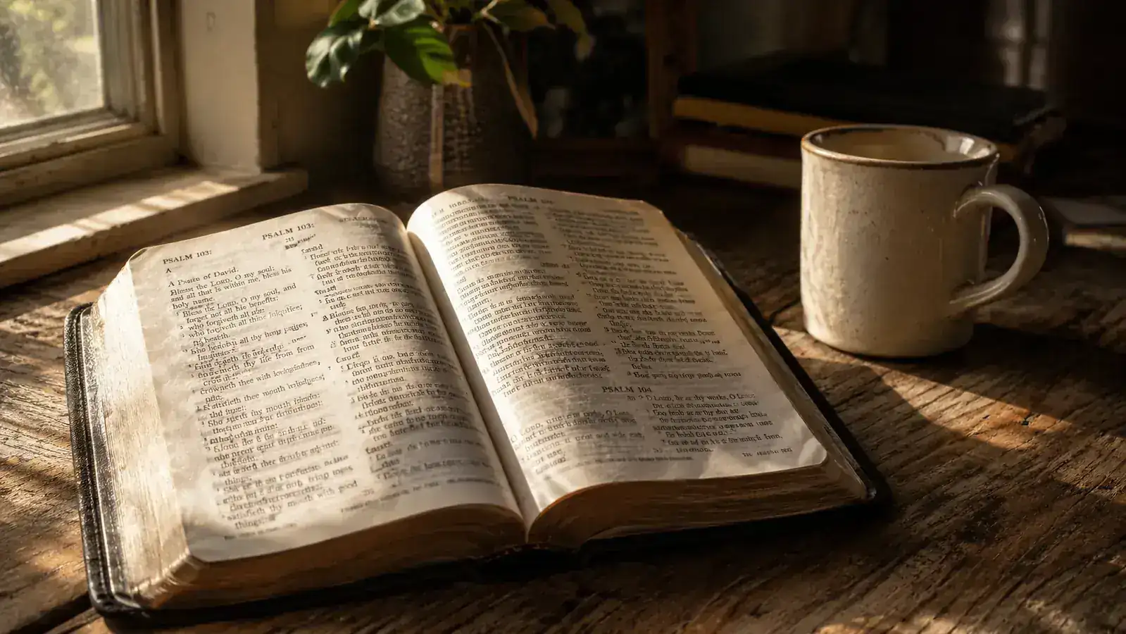 Open ESV Study Bible on a wooden table beside a ceramic mug and morning light coming through a window