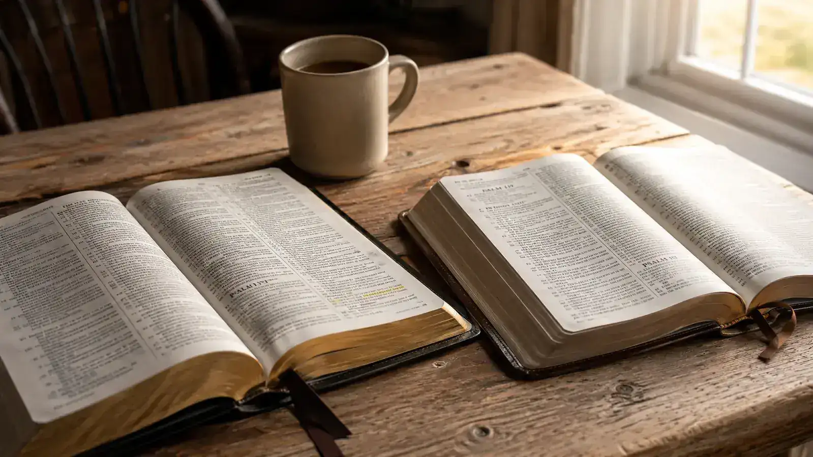 Two study Bibles open side by side on a wooden table with morning light coming through a nearby window