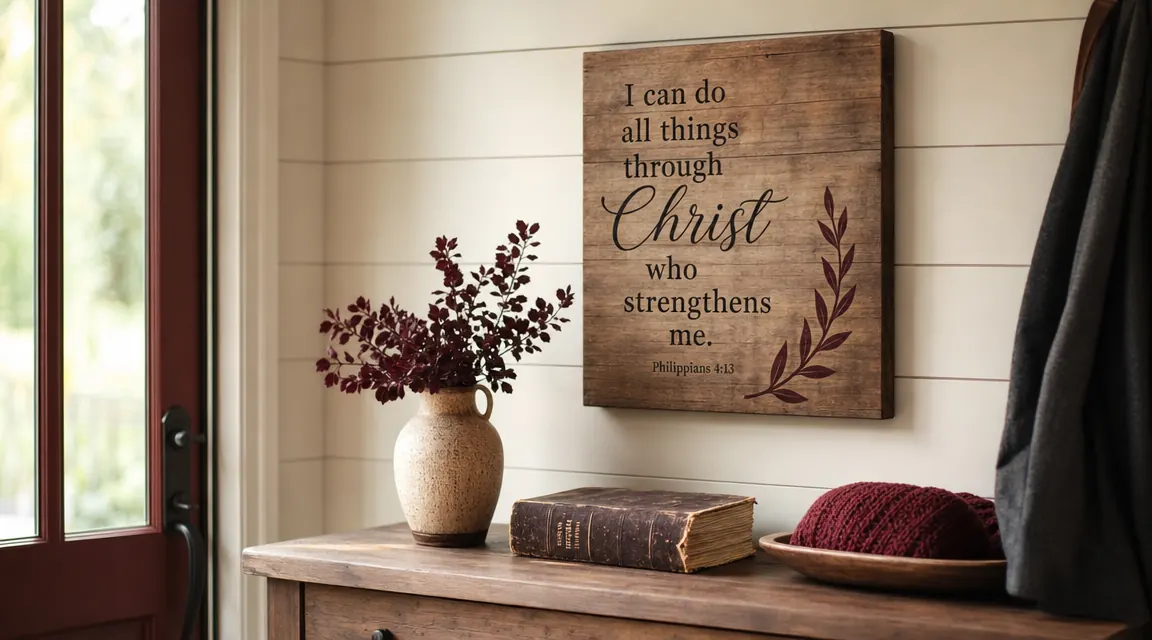 Warm entryway with a wooden scripture wall sign reading 'As for Me and My House' mounted above a console table with a small vase and Bible