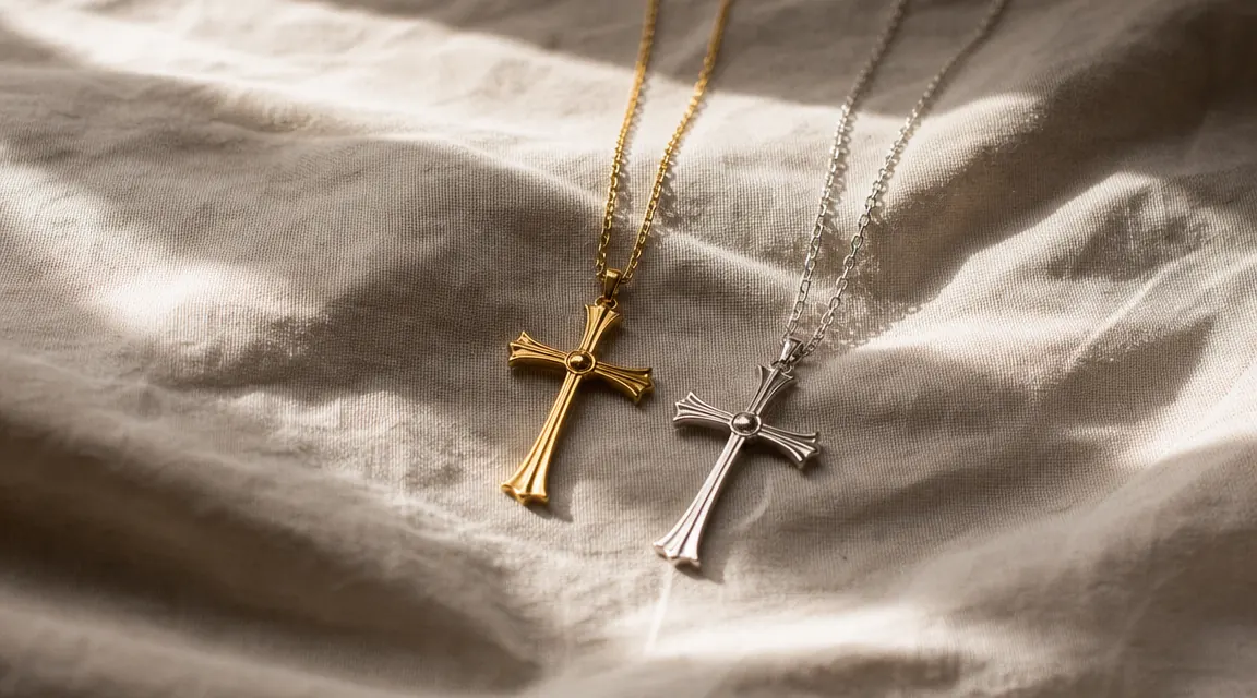 A gold cross necklace and a silver cross necklace laid side by side on a cream linen fabric, morning light from a nearby window