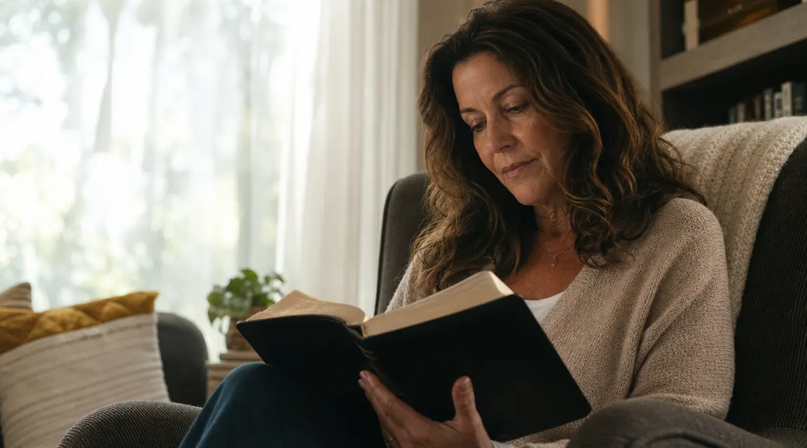 Woman reading a study Bible alone in a quiet living room with sunlight coming through sheer curtains