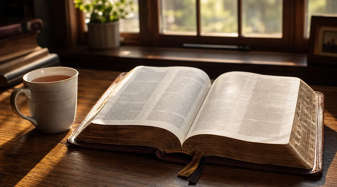 Open study Bible on a wooden table next to a cup of tea and reading glasses in warm morning light
