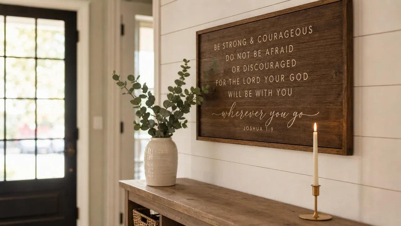 Bright entryway with a wooden scripture sign mounted on a shiplap wall beside a small console table with a candle and a plant