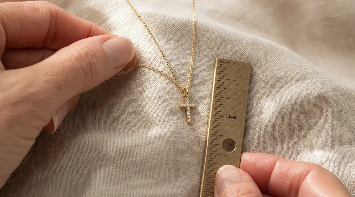 Close-up of a gold cross pendant necklace with cubic zirconia stones laid flat on a cream linen cloth beside a ruler showing pendant size