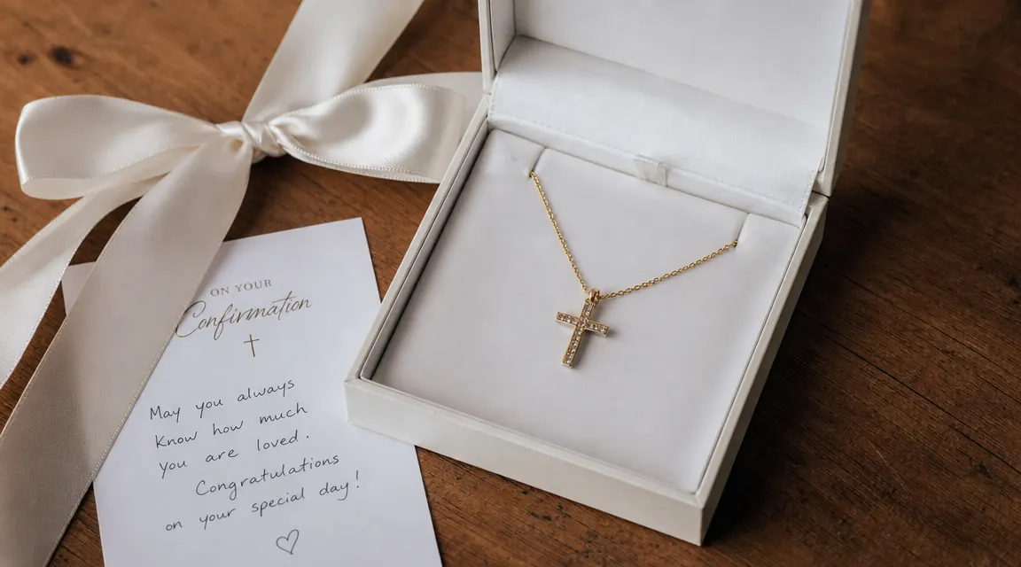 Gold cross necklace presented in a small white gift box with ribbon, placed beside a confirmation card on a wooden table