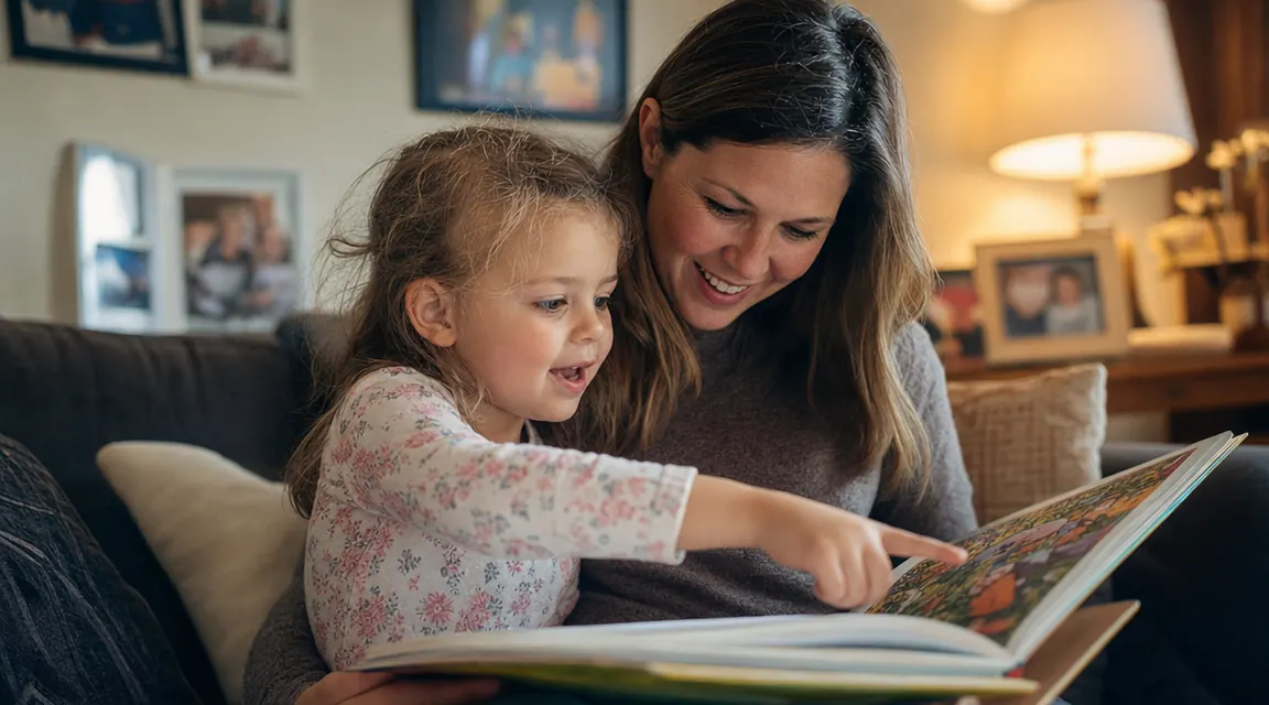 A young child pointing at an illustration in a Bible storybook while a parent watches with a smile