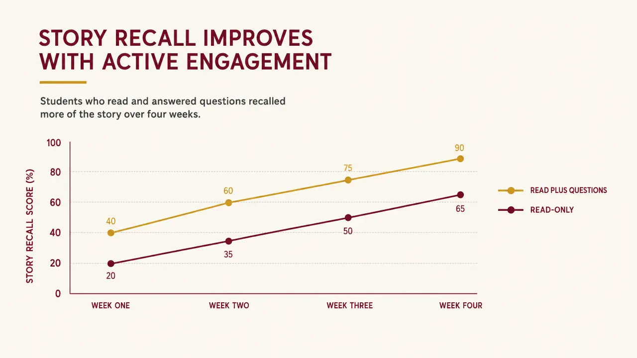 A simple chart showing Bible story retention improving over four weeks with daily reading and follow-up questions