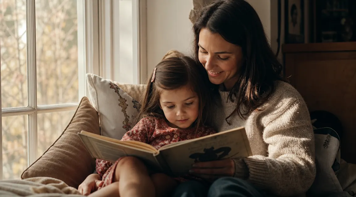 A mother and young daughter sitting on a window seat at dusk, reading a colorful illustrated children's Bible together