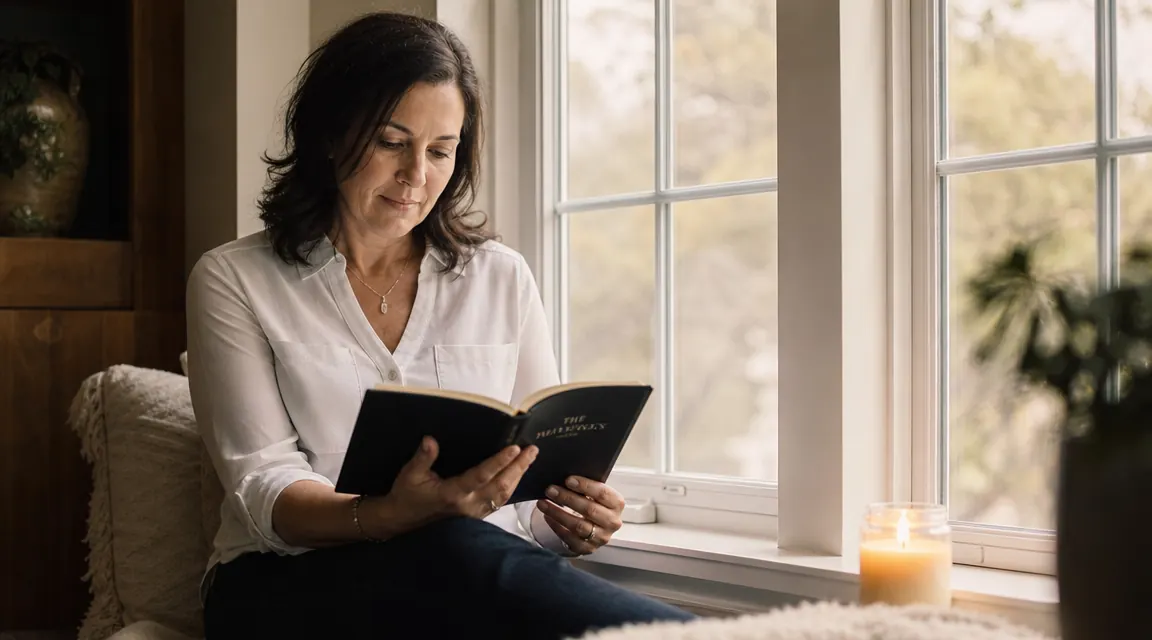 A woman sitting in a sunlit window seat reading a small book with a candle lit on the sill beside her
