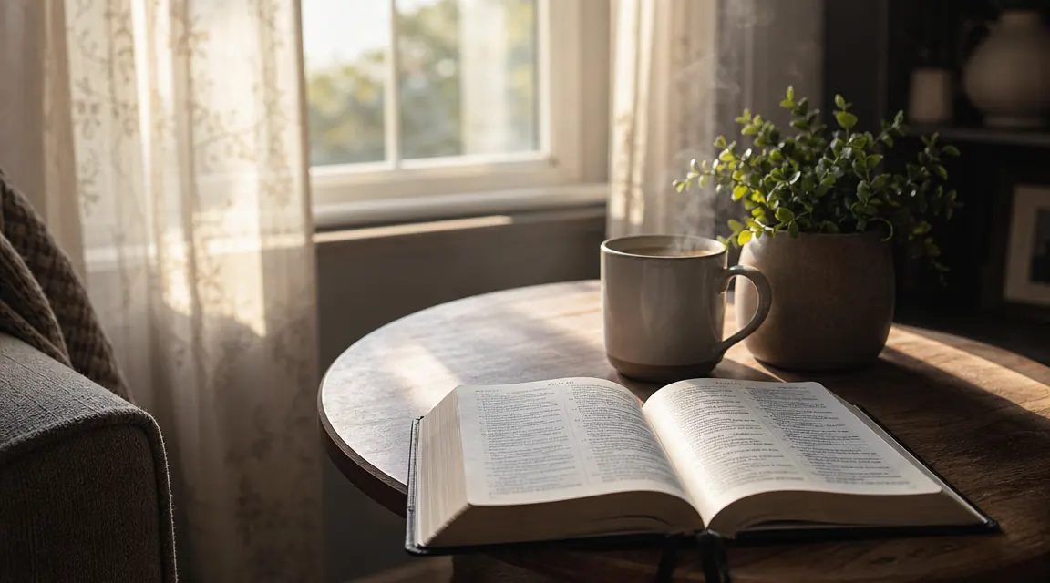 A worn leather journal, an open devotional book, and a steaming mug of coffee on a wooden table in soft morning window light