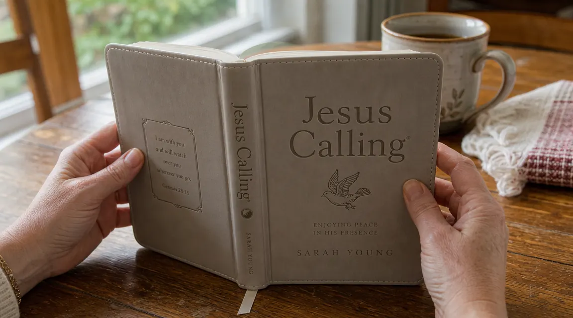 A woman's hands holding the Jesus Calling devotional open to a page, sitting at a kitchen table with a cup of tea nearby