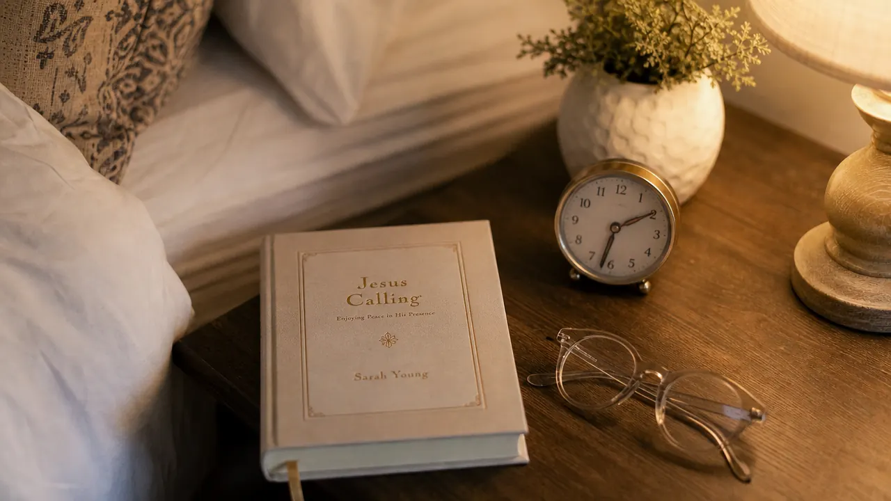 A worn padded hardcover devotional book resting on a linen-covered nightstand beside a small lamp casting warm light, early morning quiet