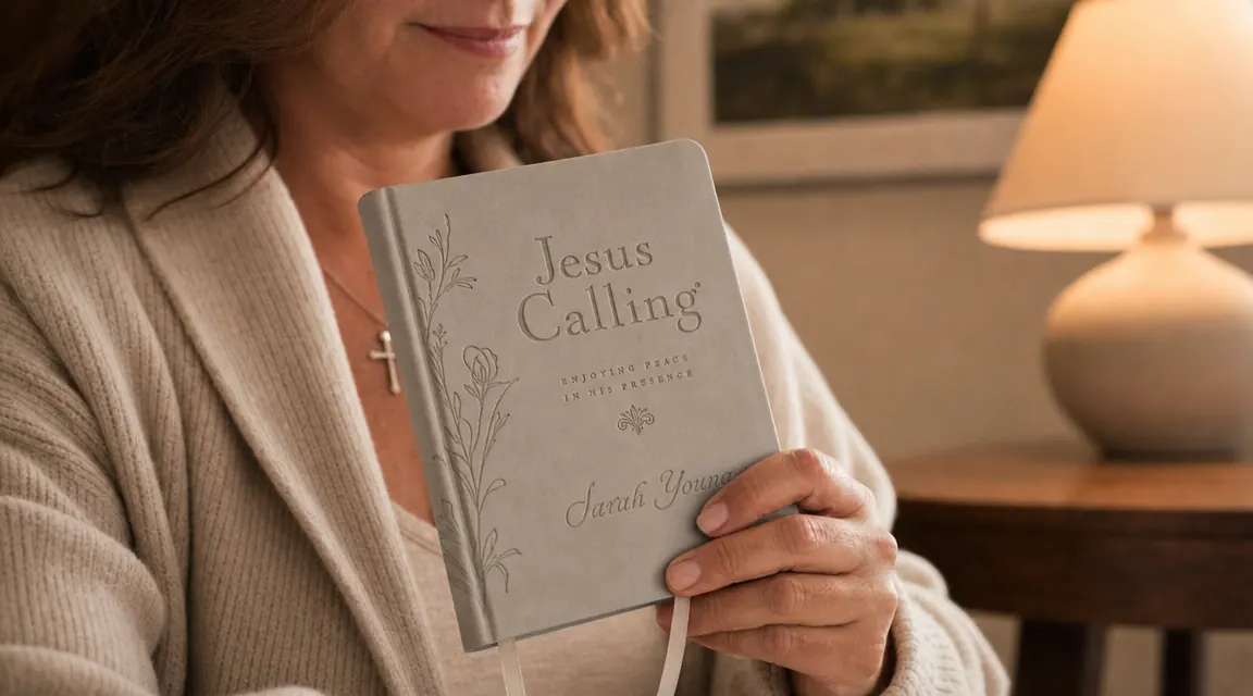 Close-up of a hand holding the Jesus Calling padded hardcover, showing the padded cover texture and scripture reference ribbon bookmark