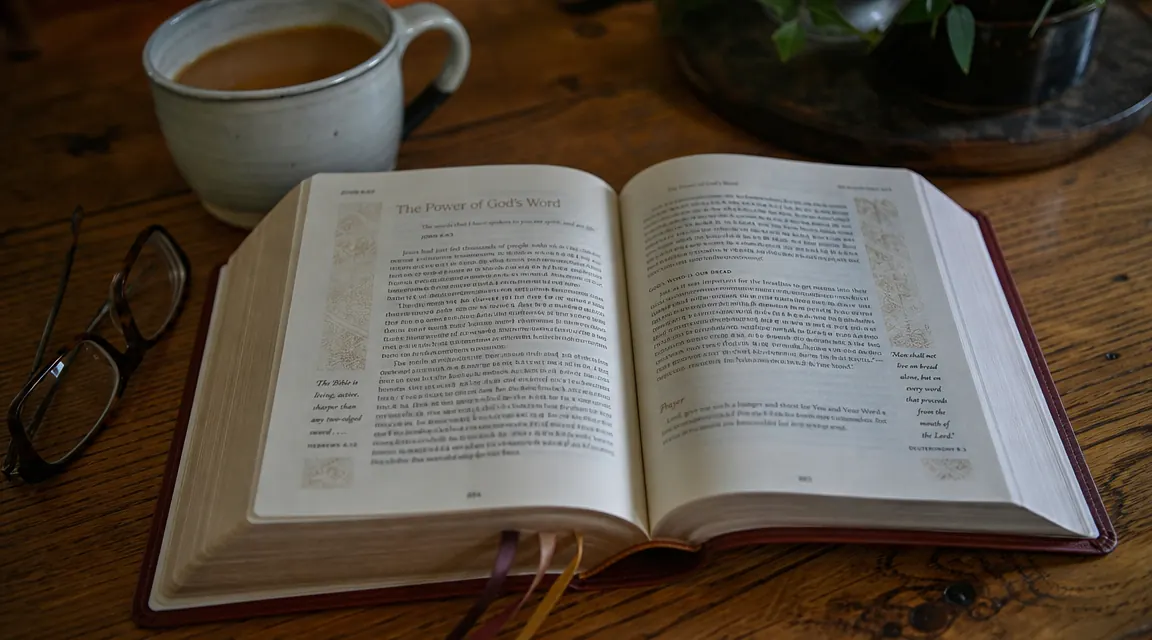 A worn padded hardcover copy of Jesus Calling open on a wooden table beside a steaming mug of coffee in soft morning light