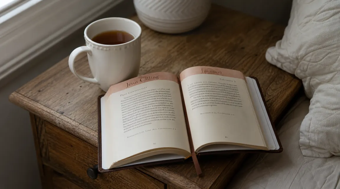 Jesus Calling devotional book open on a wooden nightstand beside a cup of tea and a window letting in soft morning light