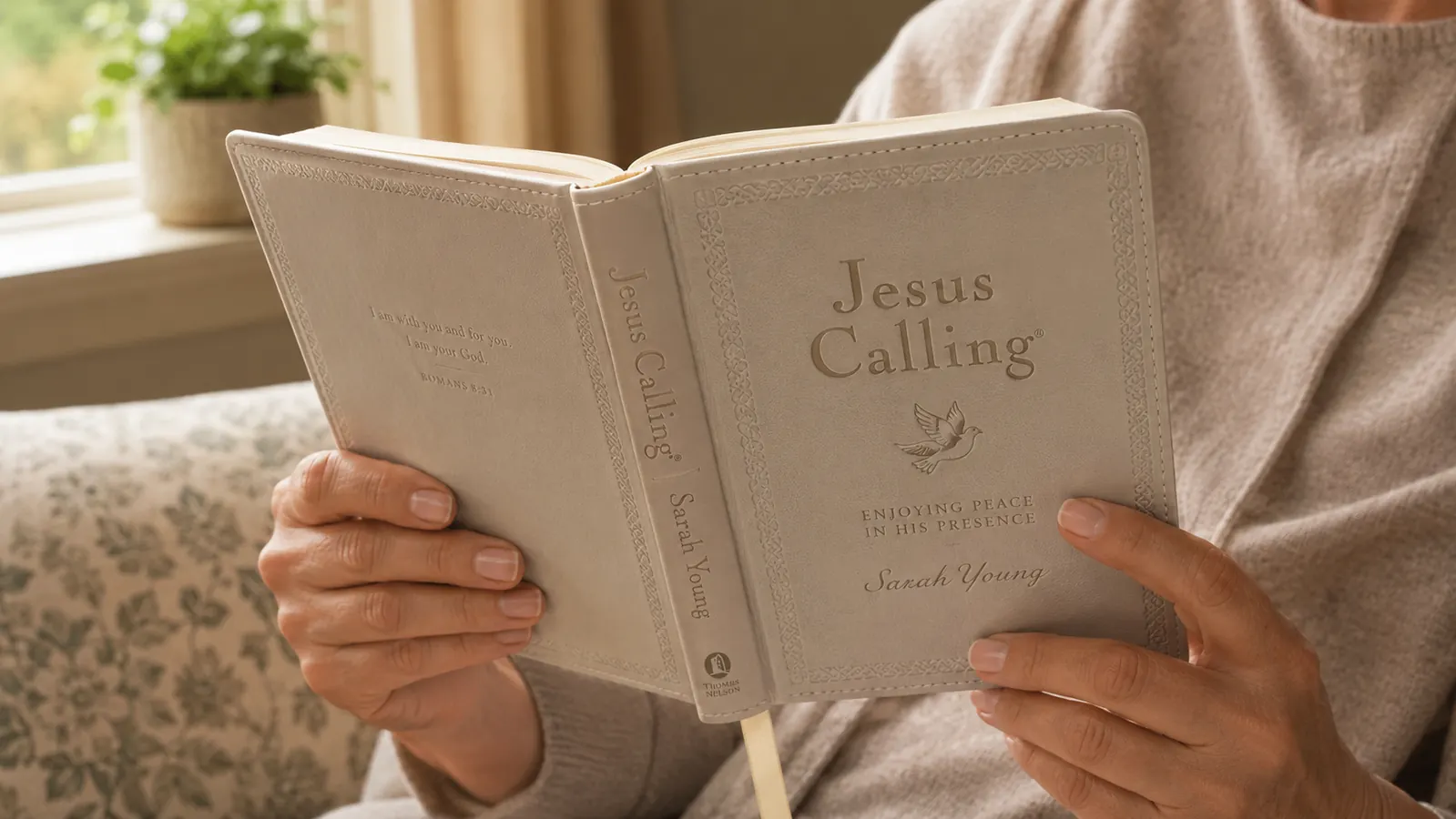 Jesus Calling padded hardcover devotional held open by a woman's hands, pages shown in warm light with a ribbon bookmark