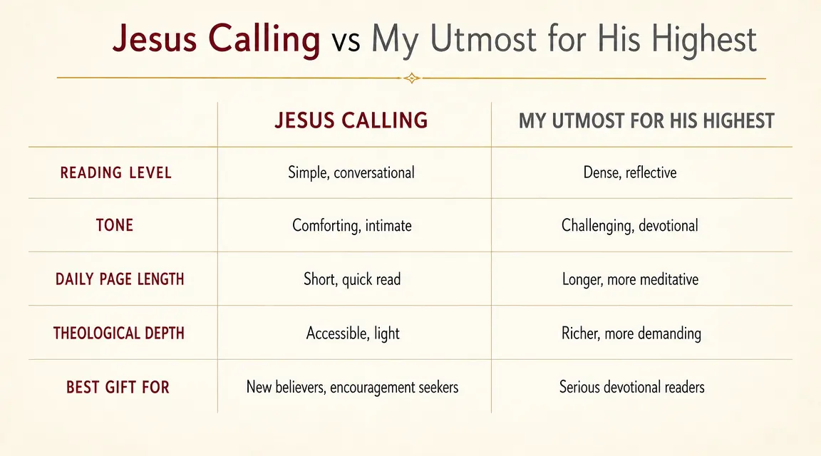 Chart comparing Jesus Calling and My Utmost for His Highest across five dimensions: reading level, tone, page length, theological depth, and gift suitability