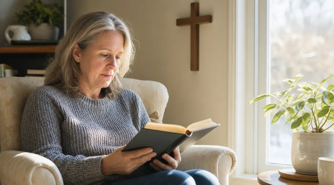 Woman sitting in a sunlit armchair reading a devotional book alone in a quiet room with a wooden cross on the wall behind her